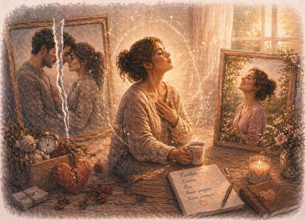 Mulher refletindo ao pôr do sol sobre relacionamento, amor e amor-próprio, representando busca por paz emocional
