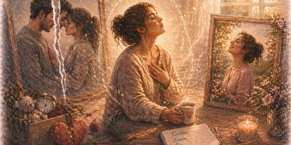 Mulher refletindo ao pôr do sol sobre relacionamento, amor e amor-próprio, representando busca por paz emocional